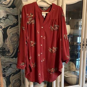 Fig & Flower Brock Red Button-Up Blouse with Embroidered Details 2X
